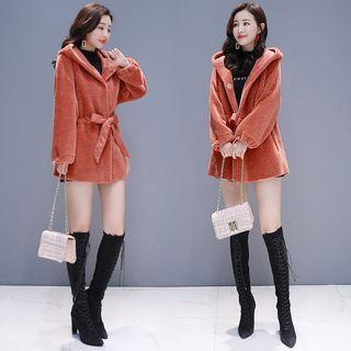 Tie-waist Hooded Snap-buttoned Coat