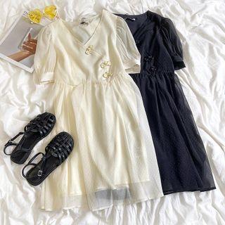 Puff-sleeve V-neck Knot Button Mesh Dress