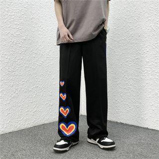 Heart Print Drawstring-cuff Straight Leg Pants