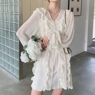 Set : Long-sleeve Wood Ear Trim Chiffon Light Cardigan / Spaghetti-strap Dress