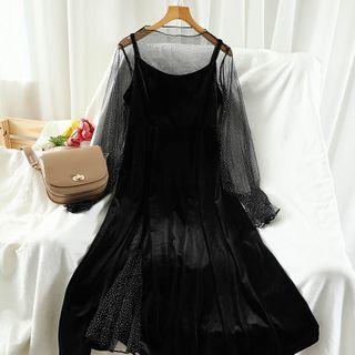 Set: Dotted Blouse + Midi Pinafore Dress