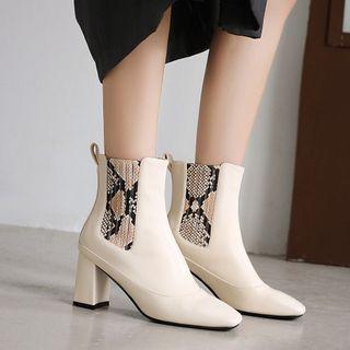 Snake Print Panel Chunky Heel Short Boots