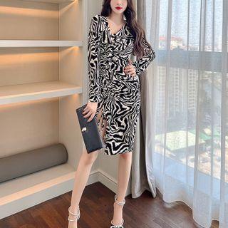 Zebra Print Slit Midi Bodycon Dress