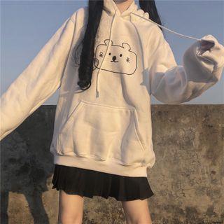 Bear Print Drawstring Hoodie White - One Size