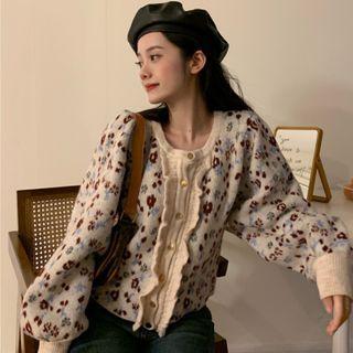 Long-sleeve Floral Cardigan As Shown As Figure - One Size