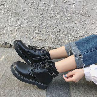 Faux Leather Lace-up Buckled Short Boots