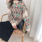 Patterned Puff-sleeve Loose-fit Sweater