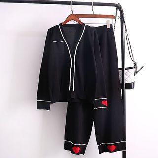 Set: Heart Pattern Cardigan + Wide-leg Knit Pants Black - One Size