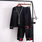 Set: Heart Pattern Cardigan + Wide-leg Knit Pants Black - One Size
