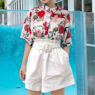 Elbow-sleeve Floral Print Shirt / Wide-leg Shorts