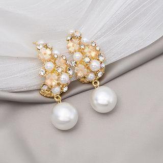 Rhinestone Faux Pearl Dangle Earring E2086-3 - 1 Pair - Gold - One Size