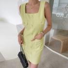Sleeveless Button-trim Tweed Minidress