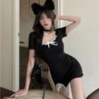Short-sleeve Lace Trim Bodycon Dress Black - One Size