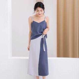 Set: V-neck Camisole Top + Color Block Midi A-line Skirt