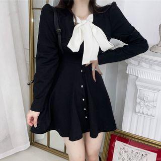 Long-sleeve Bow Button-up Mini Dress