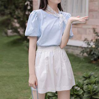 Set: Puff-sleeve Plain T-shirt + Plain Shorts