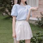 Set: Puff-sleeve Plain T-shirt + Plain Shorts
