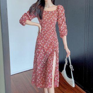 Elbow-sleeve Floral Slit A-line Dress