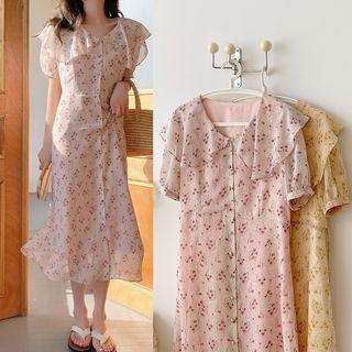 Short Sleeve Ruffled Collar Floral Print Chiffon Midi Dress