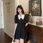 V Collar Lace Short-sleeved Dress Black - One Size