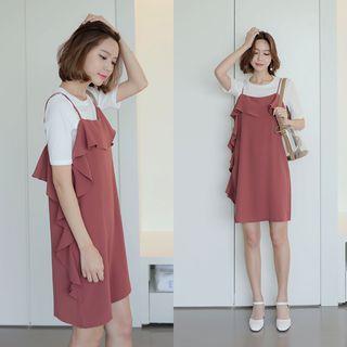 Set: Spaghetti-strap Ruffled Dress + T-shirt