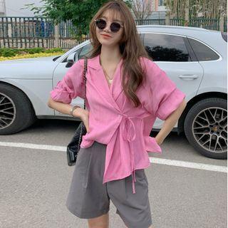 Asymmetrical Tie-strap Shirt / Wide Leg Dress Shorts