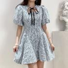 Puff-sleeve Tie-neck Floral Print Mini A-line Dress