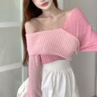 Knit Long-sleeve Asymmetric Panel Top Pink - One Size