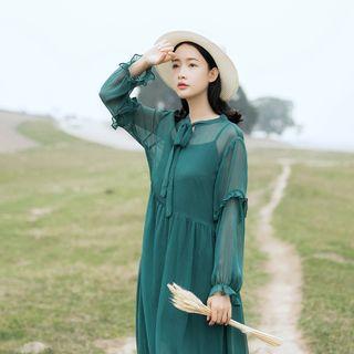Set: Long-sleeve Tie-neck Chiffon Dress + Slipdress