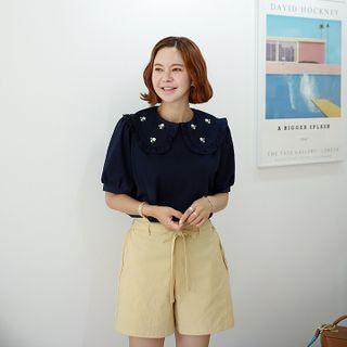 Frilled-collar Embroidered T-shirt