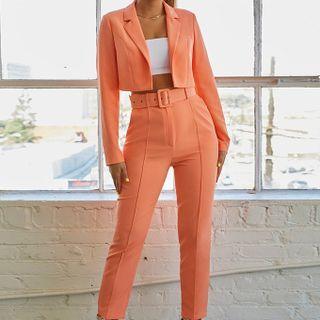 Set: Cropped Open-front Blazer + Straight Leg Dress Pants + Belt
