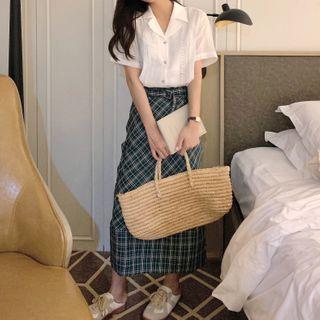 Short-sleeve Eyelet Lace Blouse / Plaid Midi A-line Skirt