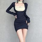Set: Long-sleeve Mini Bodycon Dress + Camisole Top