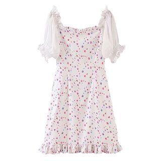 Short-sleeve Floral Print Frill Trim Midi A-line Dress