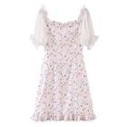 Short-sleeve Floral Print Frill Trim Midi A-line Dress