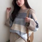 Striped Long-sleeve Loose-fit Sweater / Plain Cropped Pants