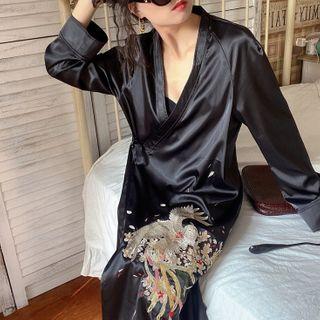 Bird Embroidered Midi A-line Wrap Dress