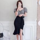 Set: Gingham Short-sleeve Blouse + Ruffle Hem Mini Pencil Skirt