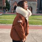 Furry Trim Hooded Lettering Padded Jacket