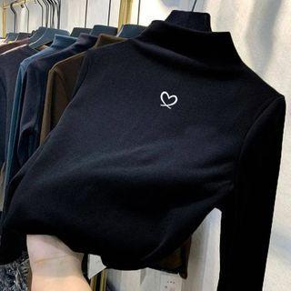 Long-sleeve Heart Print Mock-neck Fleece Top