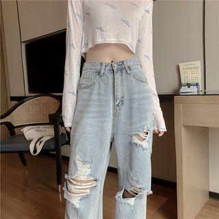 High-waist Ripped Wide-leg Jeans