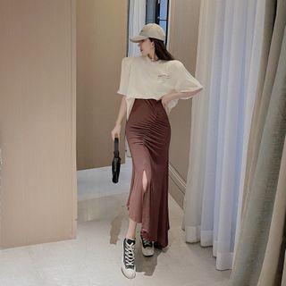 Slit Maxi Pencil Skirt / Elbow-sleeve Top