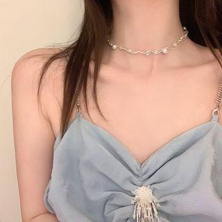 Faux Pearl Rhinestone Fishing Line Choker Necklace - Faux Pearl - White & Silver - One Size