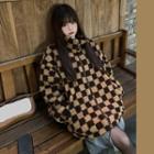Checkered Fluffy Zip Jacket / Lace Up Denim Midi Pencil Skirt