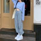Long-sleeve Cropped T-shirt / Plaid Wide Leg Pants