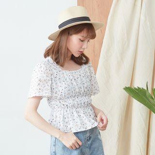 Short-sleeve Floral Linen Top White - One Size