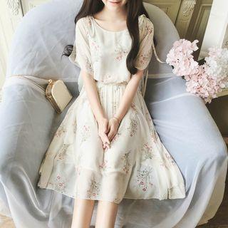 Short-sleeve Floral Print Midi A-line Dress Off-white - One Size