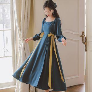 Puff-sleeve Ribbon Accent Midi A-line Dress