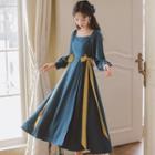Puff-sleeve Ribbon Accent Midi A-line Dress