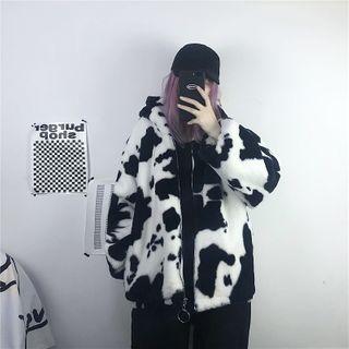 Cow Print Hooded Zip Fleece Jacket White - One Size